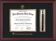 Image of Pasco-Hernando State College Diploma Frame - Cherry Reverse - w/Embossed PHSC Seal & Name - Tassel Holder - Black on Gold mat