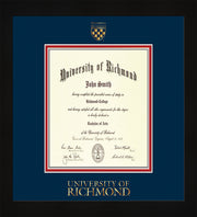 Image of University of Richmond Diploma Frame - Flat Matte Black - w/Embossed Seal & Wordmark - Navy on Red mats - LAW size