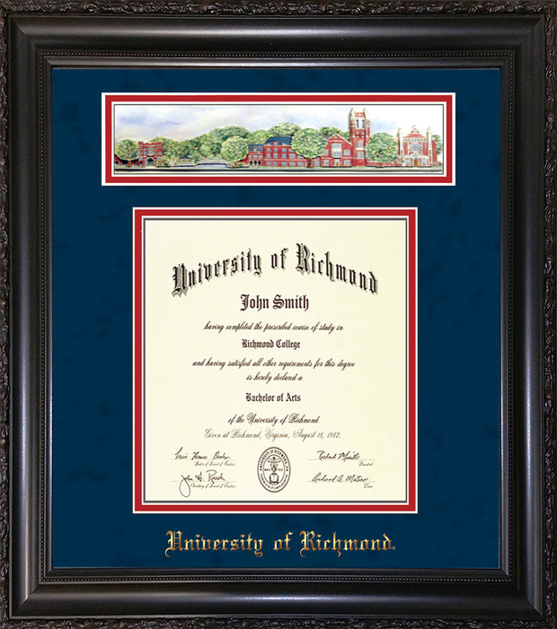 Image of University of Richmond Diploma Frame - Vintage Black Scoop - w/Embossed School Name Only - Campus Collage - Navy Suede on Red mat - LAW size