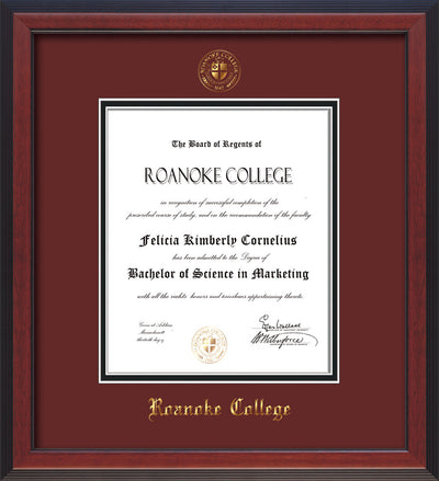 Image of Roanoke College Diploma Frame - Cherry Reverse - w/Embossed RC Seal & Name - Maroon on Black mat