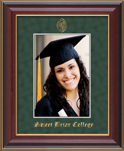 Image of Sweet Briar College 5 x 7 Photo Frame  - Cherry Lacquer - w/Official Embossing of SBC Seal & Name - Single Green Suede mat