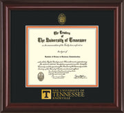 Image of University of Tennessee Diploma Frame - Mahogany Lacquer - w/Embossed UTK Seal & Wordmark - Black on Orange Mat
