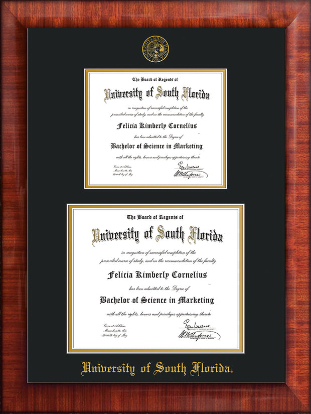 Image of University of South Florida Diploma Frame - Mezzo Gloss - w/Embossed USF Seal & Name - Double Diploma for 8.5x11 & 11x14 diplomas - Black on Gold mats