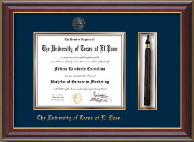 Image of University of Texas - El Paso Diploma Frame - Cherry Lacquer - w/UTEP Embossed Seal & Name - Tassel Holder - Navy on Gold mat