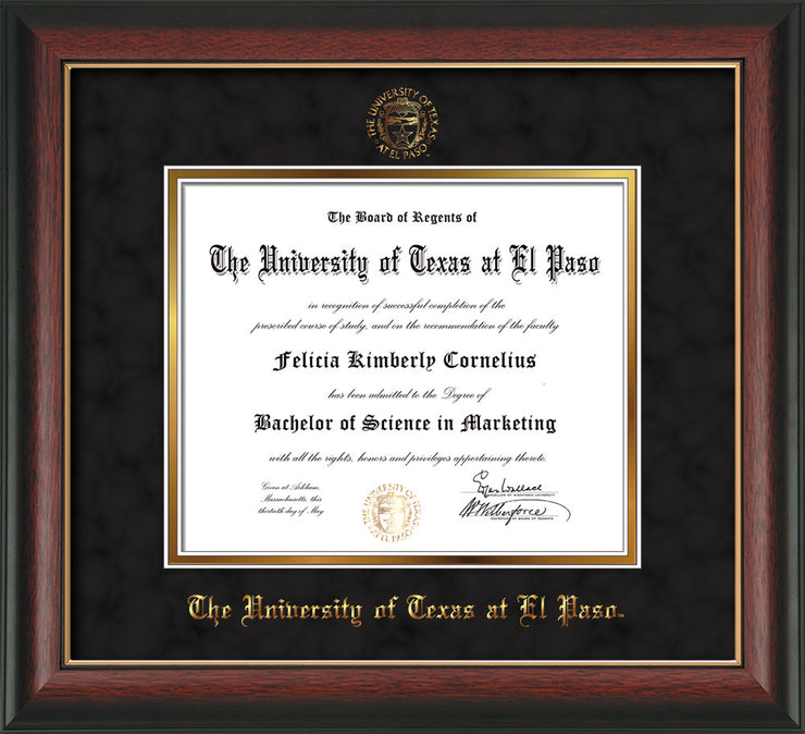 Image of University of Texas - El Paso Diploma Frame - Rosewood w/Gold Lip - w/UTEP Embossed Seal & Name - Black Suede on Gold mat