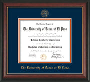 Image of University of Texas - El Paso Diploma Frame - Rosewood w/Gold Lip - w/UTEP Embossed Seal & Name - Navy on Orange mat