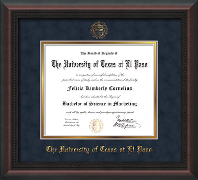 Image of University of Texas - El Paso Diploma Frame - Mahogany Braid - w/UTEP Embossed Seal & Name - Navy Suede on Gold mat
