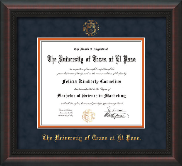 Image of University of Texas - El Paso Diploma Frame - Mahogany Braid - w/UTEP Embossed Seal & Name - Navy Suede on Orange mat