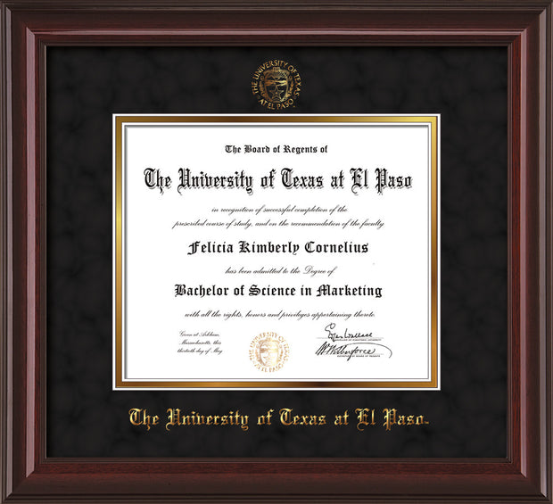 Image of University of Texas - El Paso Diploma Frame - Mahogany Lacquer - w/UTEP Embossed Seal & Name - Black Suede on Gold mat