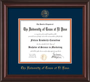 Image of University of Texas - El Paso Diploma Frame - Mahogany Lacquer - w/UTEP Embossed Seal & Name - Navy on Orange mat