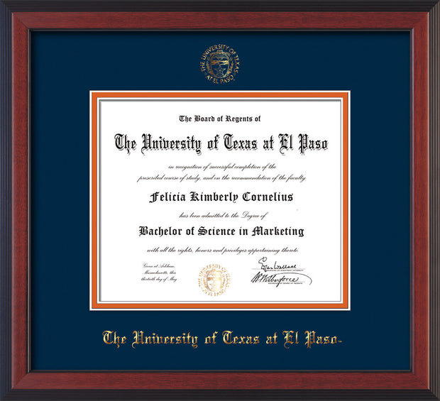 Image of University of Texas - El Paso Diploma Frame - Cherry Reverse - w/UTEP Embossed Seal & Name - Navy on Orange mat