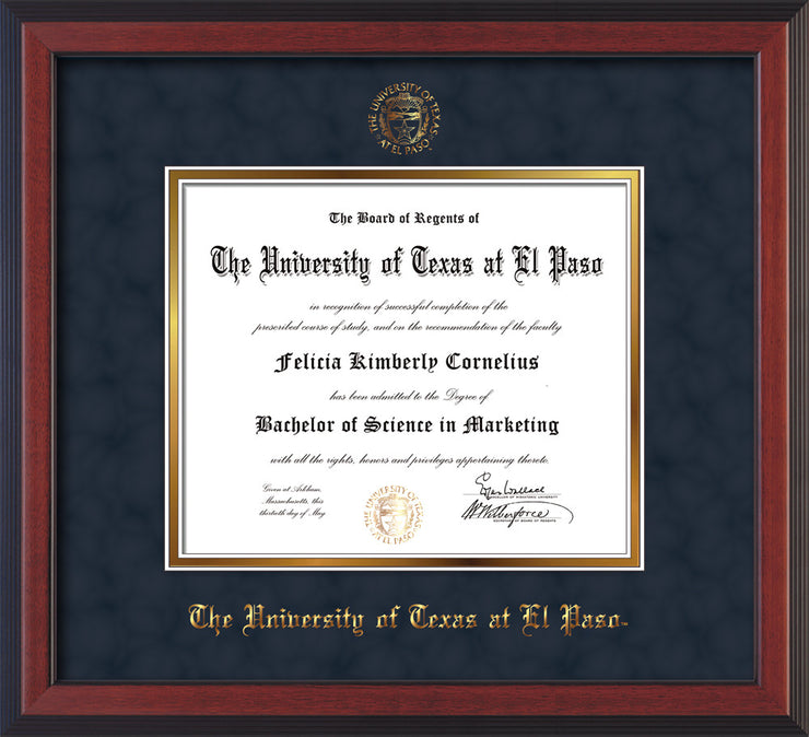 Image of University of Texas - El Paso Diploma Frame - Cherry Reverse - w/UTEP Embossed Seal & Name - Navy Suede on Gold mat