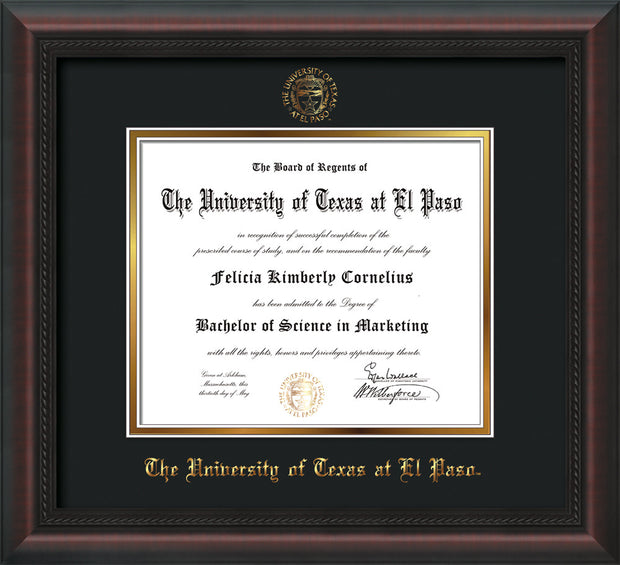 Image of University of Texas - El Paso Diploma Frame - Mahogany Braid - w/UTEP Embossed Seal & Name - Black on Gold mat