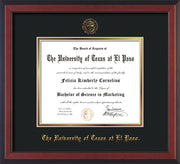 Image of University of Texas - El Paso Diploma Frame - Cherry Reverse - w/UTEP Embossed Seal & Name - Black on Gold mat