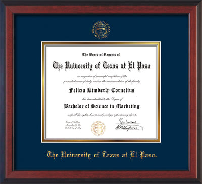 Image of University of Texas - El Paso Diploma Frame - Cherry Reverse - w/UTEP Embossed Seal & Name - Navy on Gold mat