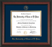 Image of University of Texas - El Paso Diploma Frame - Rosewood - w/UTEP Embossed Seal & Name - Navy on Gold mat