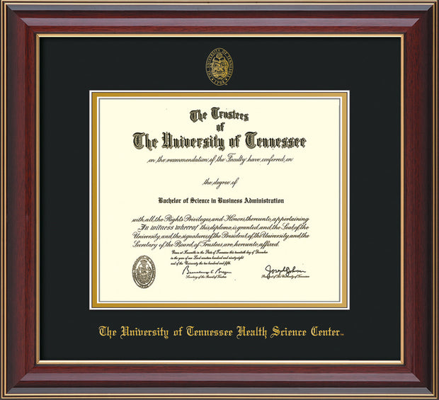 Image of University of Tennessee Health Science Center Diploma Frame - Cherry Lacquer - w/UT Embossed Seal & UTHSC Name - Black on Gold Mat