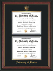 Image of University of Florida Diploma Frame - Rosewood w/Gold Lip - w/UF Embossed Seal & Name - Double Diploma - Black on Gold mat
