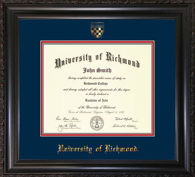 Image of University of Richmond Diploma Frame - Vintage Black Scoop - w/Embossed Seal & Name - Navy on Red mats