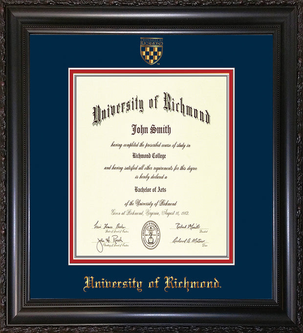 Image of University of Richmond Diploma Frame - Vintage Black Scoop - w/Embossed Seal & Name - Navy on Red mats - LAW size