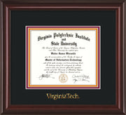 Image of Virginia Tech Diploma Frame - Mahogany Lacquer - w/Embossed VT Wordmark Only - Black on Maroon on Orange mat