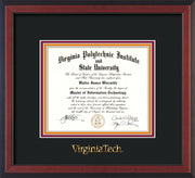 Image of Virginia Tech Diploma Frame - Cherry Reverse - w/Embossed VT Wordmark Only - Black on Maroon on Orange mat