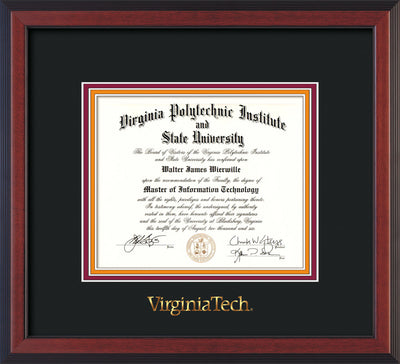 Image of Virginia Tech Diploma Frame - Cherry Reverse - w/Embossed VT Wordmark Only - Black on Maroon on Orange mat