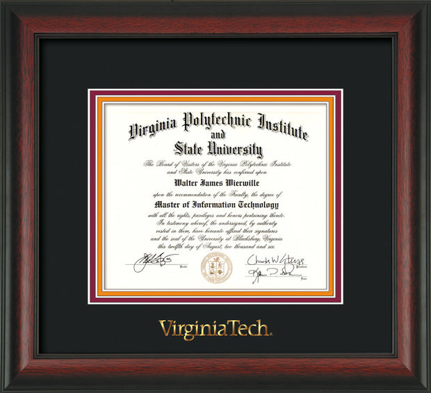 Image of Virginia Tech Diploma Frame - Rosewood - w/Embossed VT Wordmark Only - Black on Maroon on Orange mat