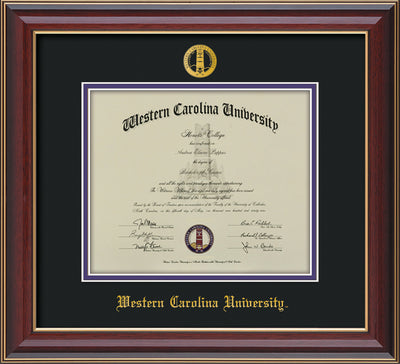 Image of Western Carolina University Diploma Frame - Cherry Lacquer - w/Embossed Seal & Name - Black on Purple mats