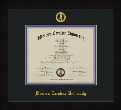 Image of Western Carolina University Diploma Frame - Flat Matte Black - w/Embossed Seal & Name - Black on Purple mats