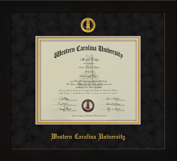 Image of Western Carolina University Diploma Frame - Flat Matte Black - w/Embossed Seal & Name - Black Suede on Gold mats