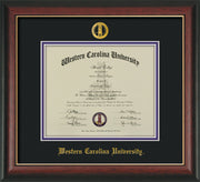Image of Western Carolina University Diploma Frame - Rosewood w/Gold Lip - w/Embossed Seal & Name - Black on Purple mats