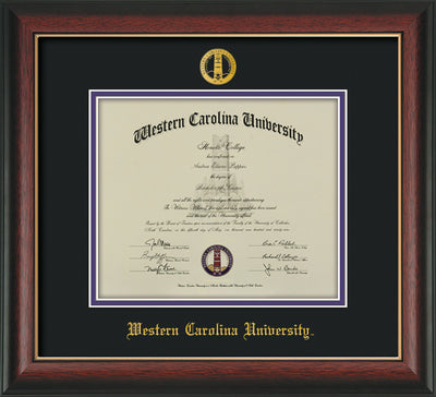 Image of Western Carolina University Diploma Frame - Rosewood w/Gold Lip - w/Embossed Seal & Name - Black on Purple mats