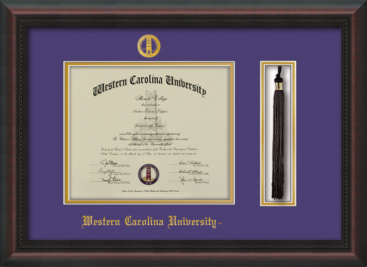Image of Western Carolina University Diploma Frame - Mahogany Braid - w/Embossed Seal & Name - Tassel Holder - Purple on Gold mats