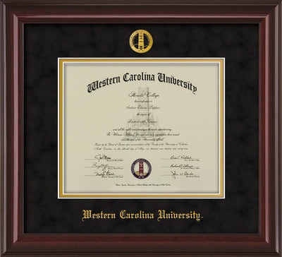 Image of Western Carolina University Diploma Frame - Mahogany Lacquer - w/Embossed Seal & Name - Black Suede on Gold mats