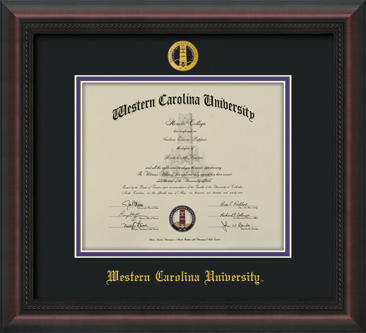 Image of Western Carolina University Diploma Frame - Mahogany Braid - w/Embossed Seal & Name - Black on Purple mats