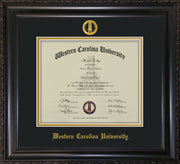 Image of Western Carolina University Diploma Frame - Vintage Black Scoop - w/Embossed Seal & Name - Black on Gold mats