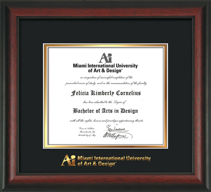 Image of Miami International University of Art & Design Diploma Frame - Rosewood - w/Embossed MIUAD School Name Only - Black on Gold mat