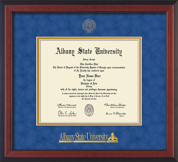 Image of Albany State University Diploma Frame - Flat Matte Black - w/Embossed Albany Seal & Name - Royal Blue Suede on Gold mat