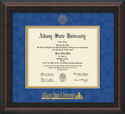 Image of Albany State University Diploma Frame - Mahogany Braid - w/Embossed Albany Seal & Name - Royal Blue Suede on Gold mat