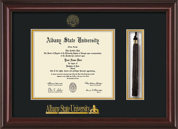 Image of Albany State University Diploma Frame - Mahogany Lacquer - w/Embossed Albany Seal & Name - Tassel Holder - Black on Gold mat