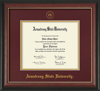 Image of Armstrong State University Diploma Frame - Rosewood w/Gold Lip - w/Embossed ASU Seal & Name - Maroon on Gold mat