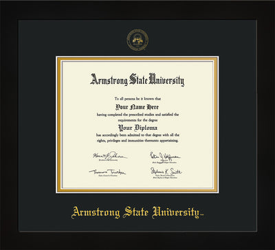 Image of Armstrong State University Diploma Frame - Flat Matte Black - w/Embossed ASU Seal & Name - Black on Gold mat