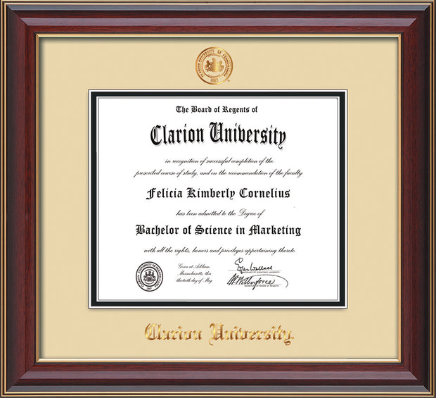 Image of Clarion University of Pennsylvania Diploma Frame - Cherry Lacquer - w/Embossed Seal & Name - Cream on Black mat