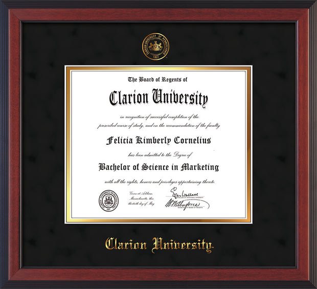 Image of Clarion University of Pennsylvania Diploma Frame - Cherry Reverse - w/Embossed Seal & Name - Black Suede on Gold mat