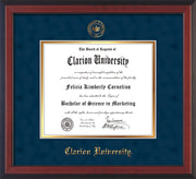 Image of Clarion University of Pennsylvania Diploma Frame - Cherry Reverse - w/Embossed Seal & Name - Navy Suede on Gold mat