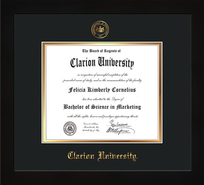 Image of Clarion University of Pennsylvania Diploma Frame - Flat Matte Black - w/Embossed Seal & Name - Black on Gold mat