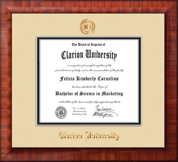 Image of Clarion University of Pennsylvania Diploma Frame - Mezzo Gloss - w/Embossed Seal & Name - Cream on Black mat