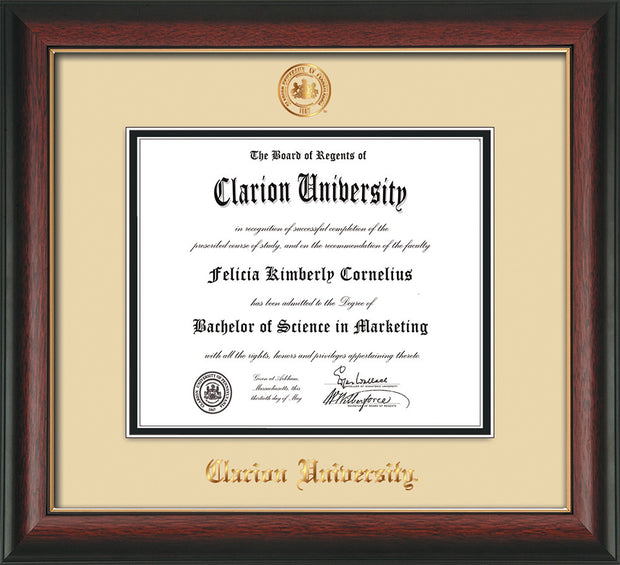 Image of Clarion University of Pennsylvania Diploma Frame - Rosewood w/Gold Lip - w/Embossed Seal & Name - Cream on Black mat