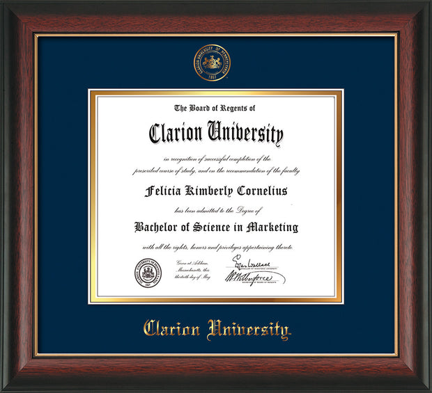 Image of Clarion University of Pennsylvania Diploma Frame - Rosewood w/Gold Lip - w/Embossed Seal & Name - Navy on Gold mat